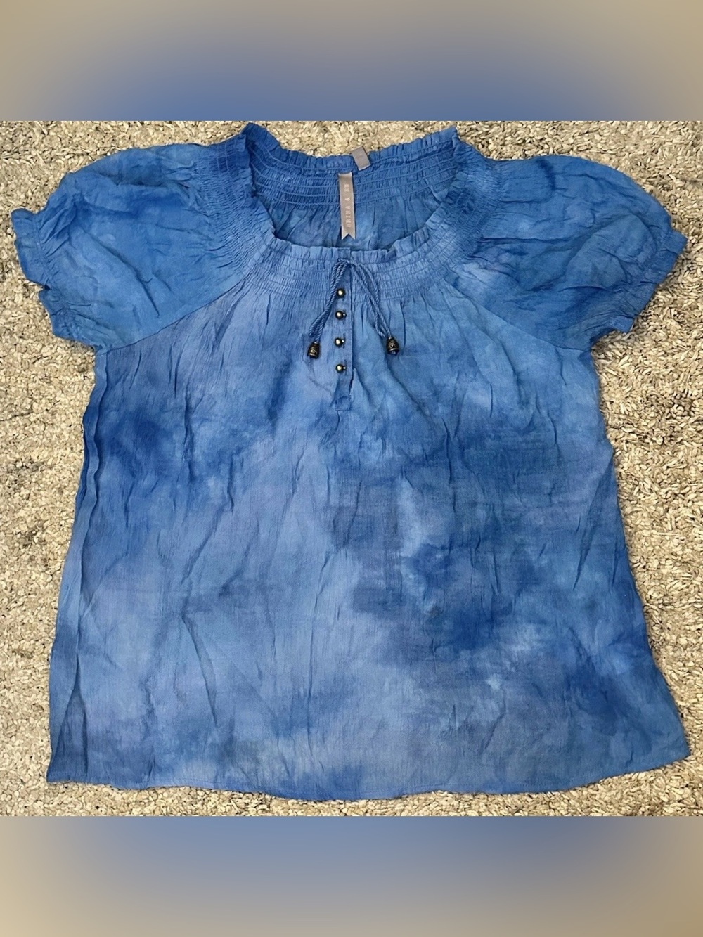 Brina & Em Women’s PL Blue Tie Neck Petite Short Sleeve Quarter Button-Up Blouse